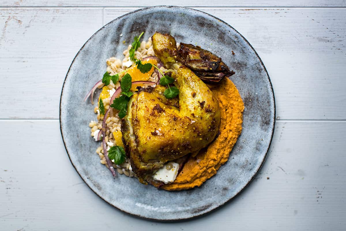 Turmeric and ginger chicken with barley salad and hummus