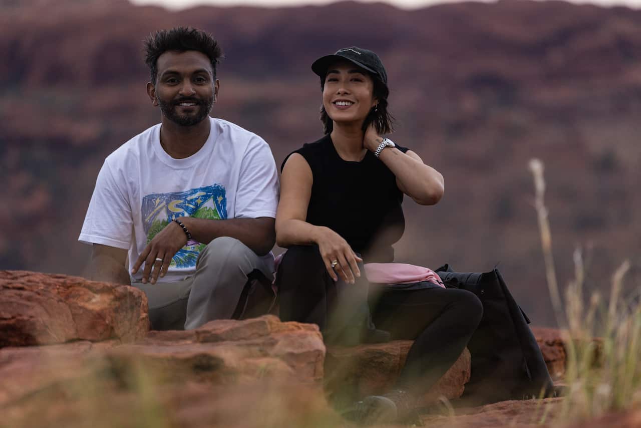 Melissa Leong and Nazeem Hussain at Kings Canyon in the Red Centre during episode 1 of Great Australian Road Trips.
