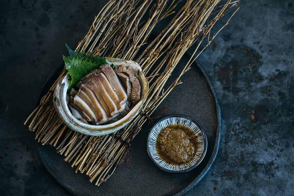 Sake-steamed abalone with liver sauce