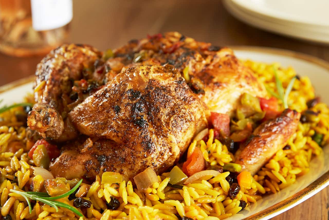 Spiced roasted chicken with toasted orzo 