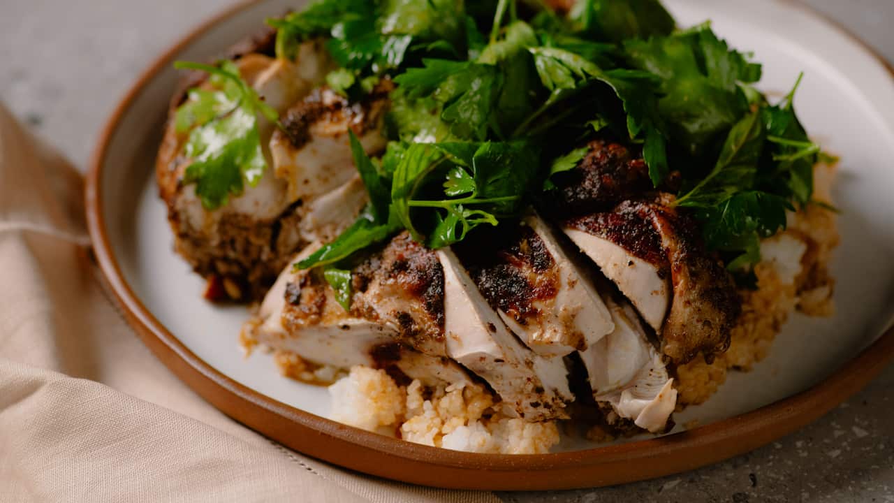 Roast chicken with spiced rice
